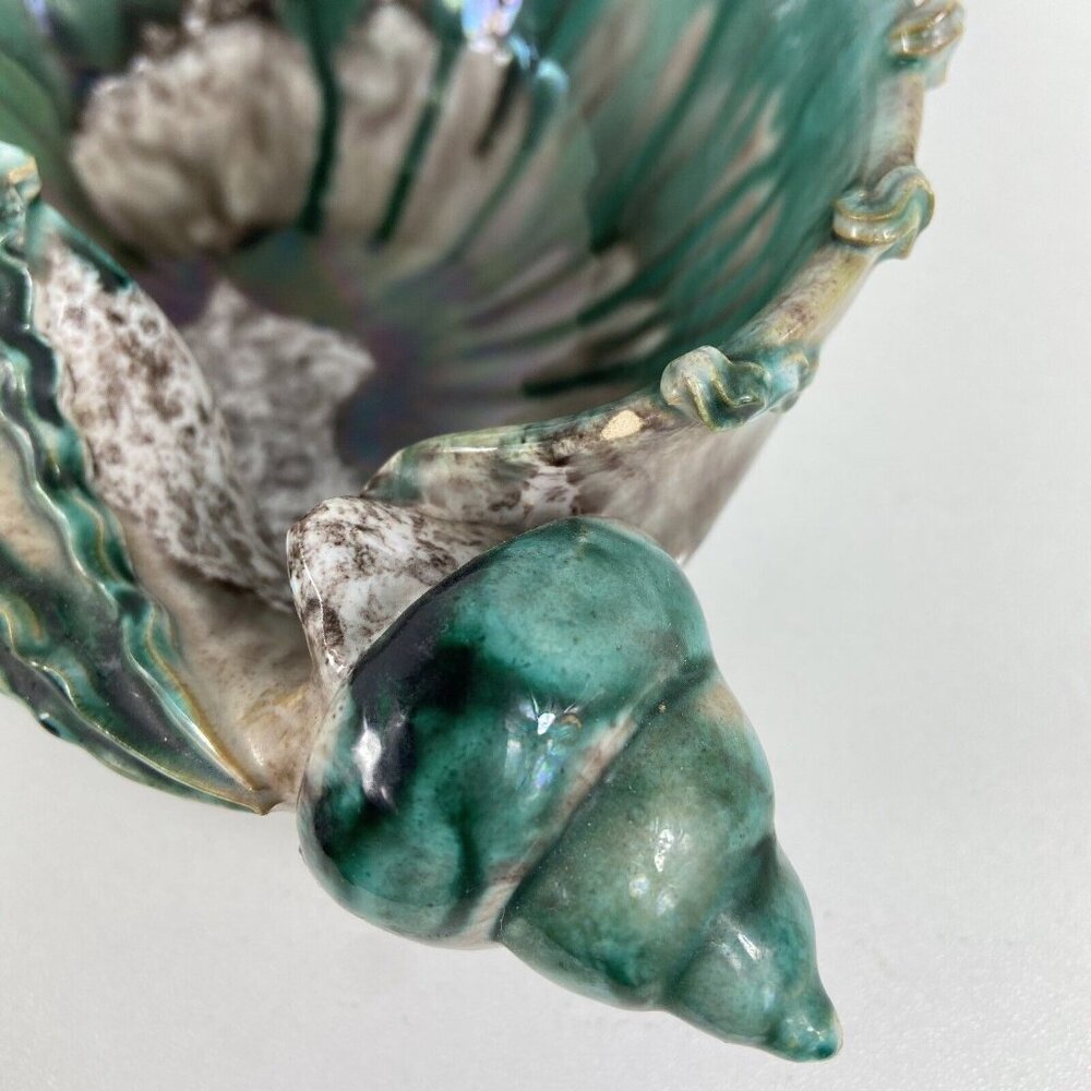 Vtg Italy Trinket Dish Catch All Seashell Jade Green Painted Speckled MCM Signed - Picture 3 of 11